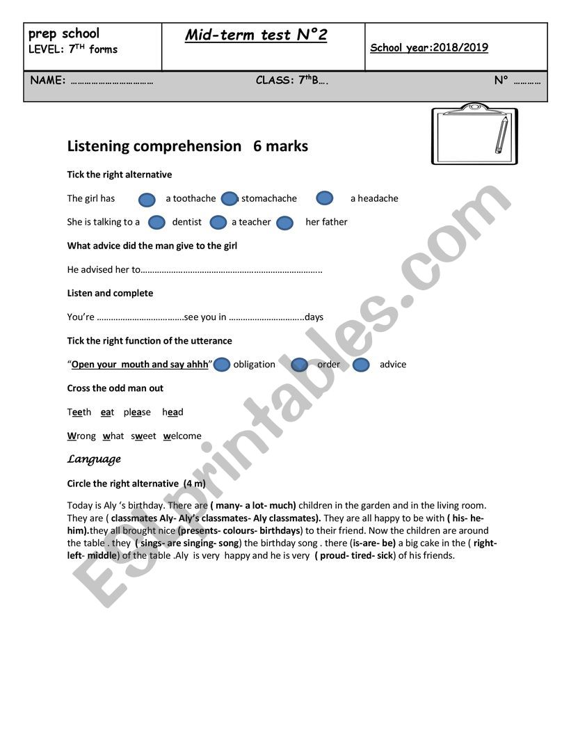 mid term test 7th form worksheet