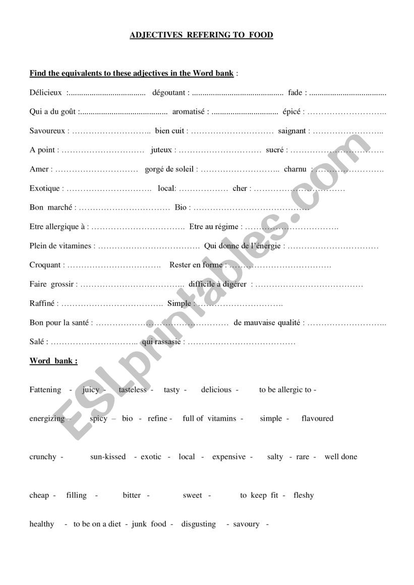 ADJECTIVES REFERRING TO FOOD worksheet