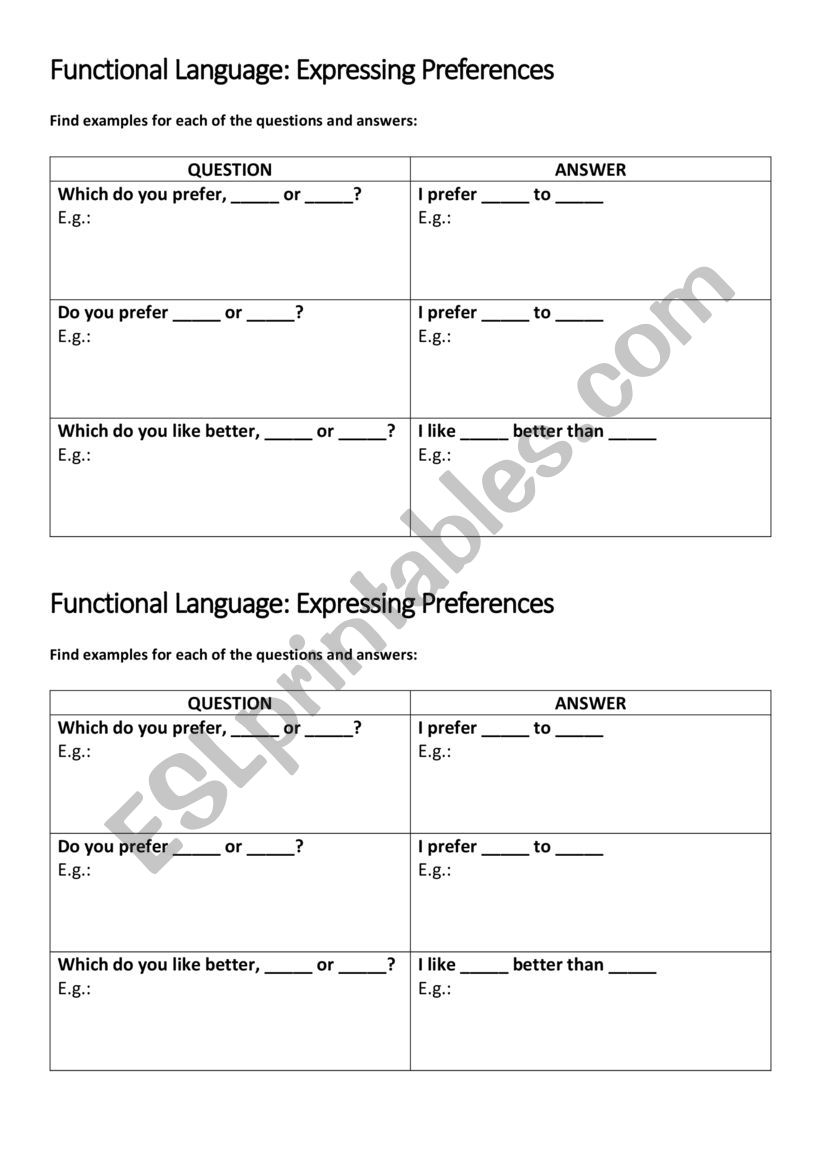Expressing Preferences worksheet