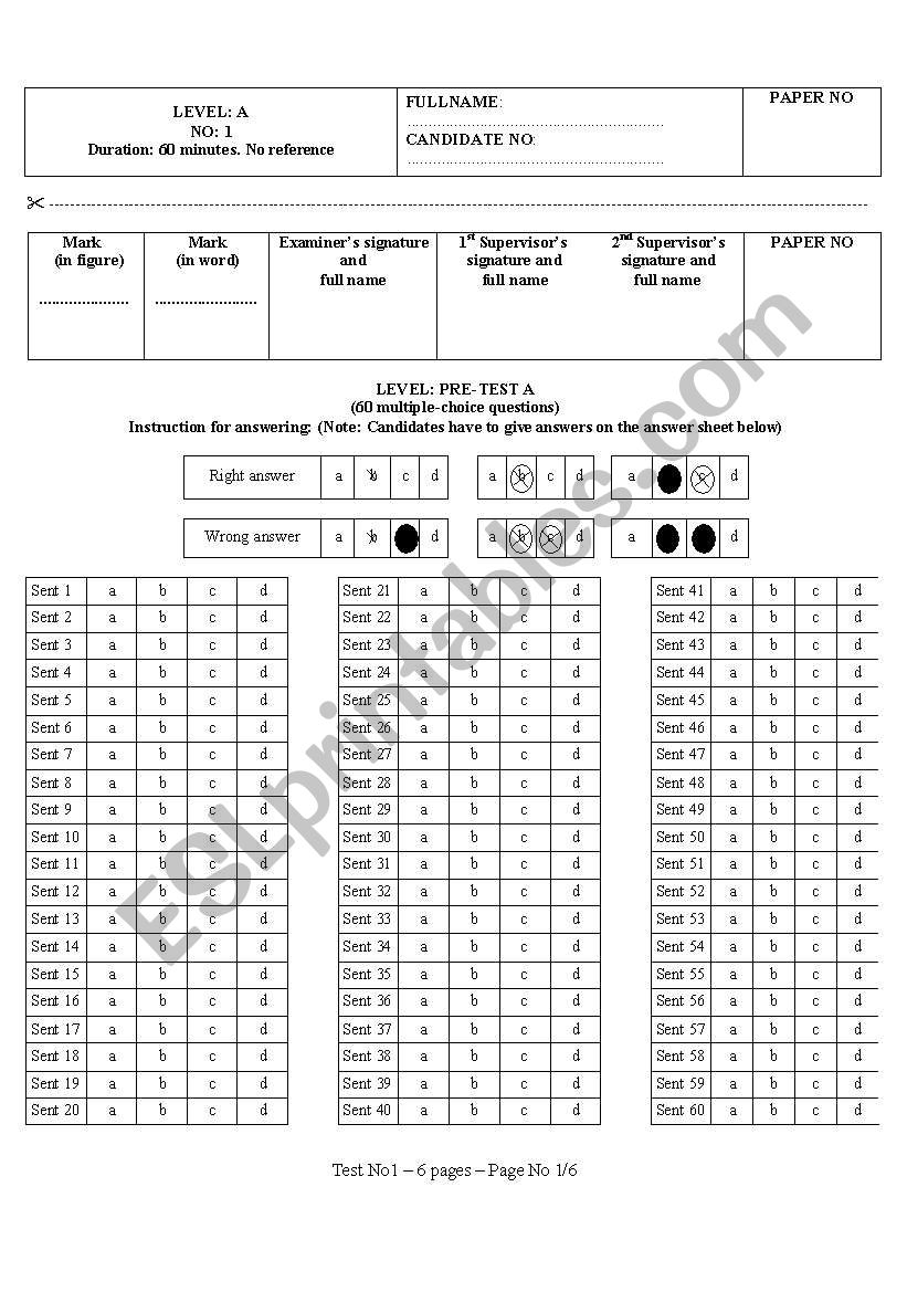 test for elementary level worksheet