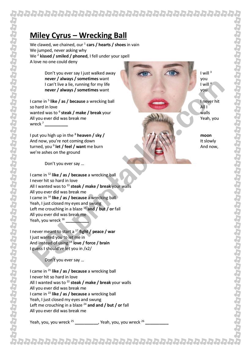 Miley Cyrus - Wrecking Ball worksheet