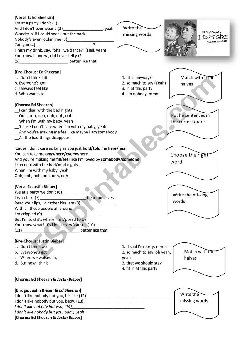 I dont care- Ed Sheeran worksheet