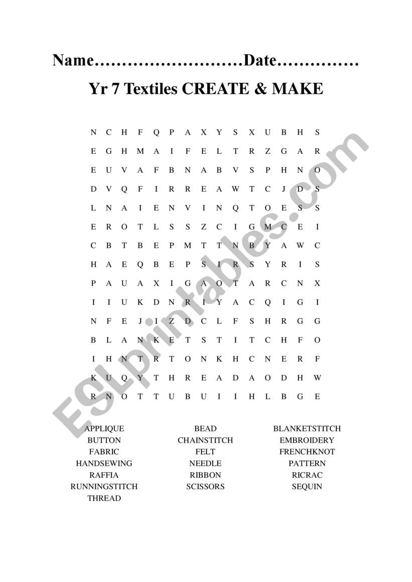 Textiles Wordsearch worksheet