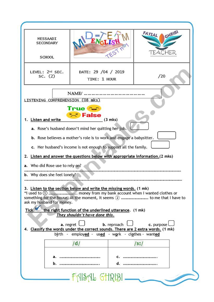 Mid-term 3 test   (2nd Sec. SC)