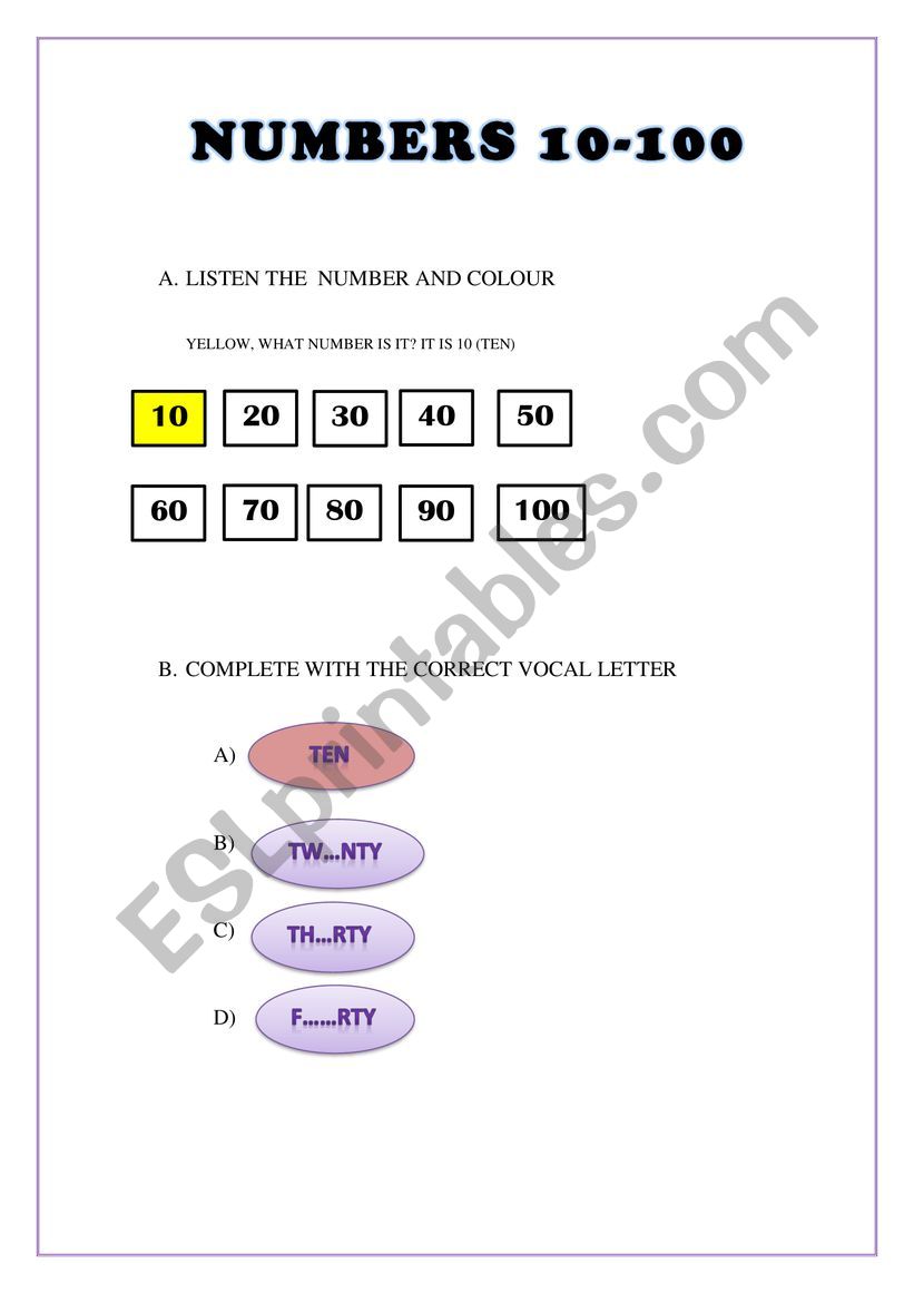 Numbers 10 to 100 worksheet