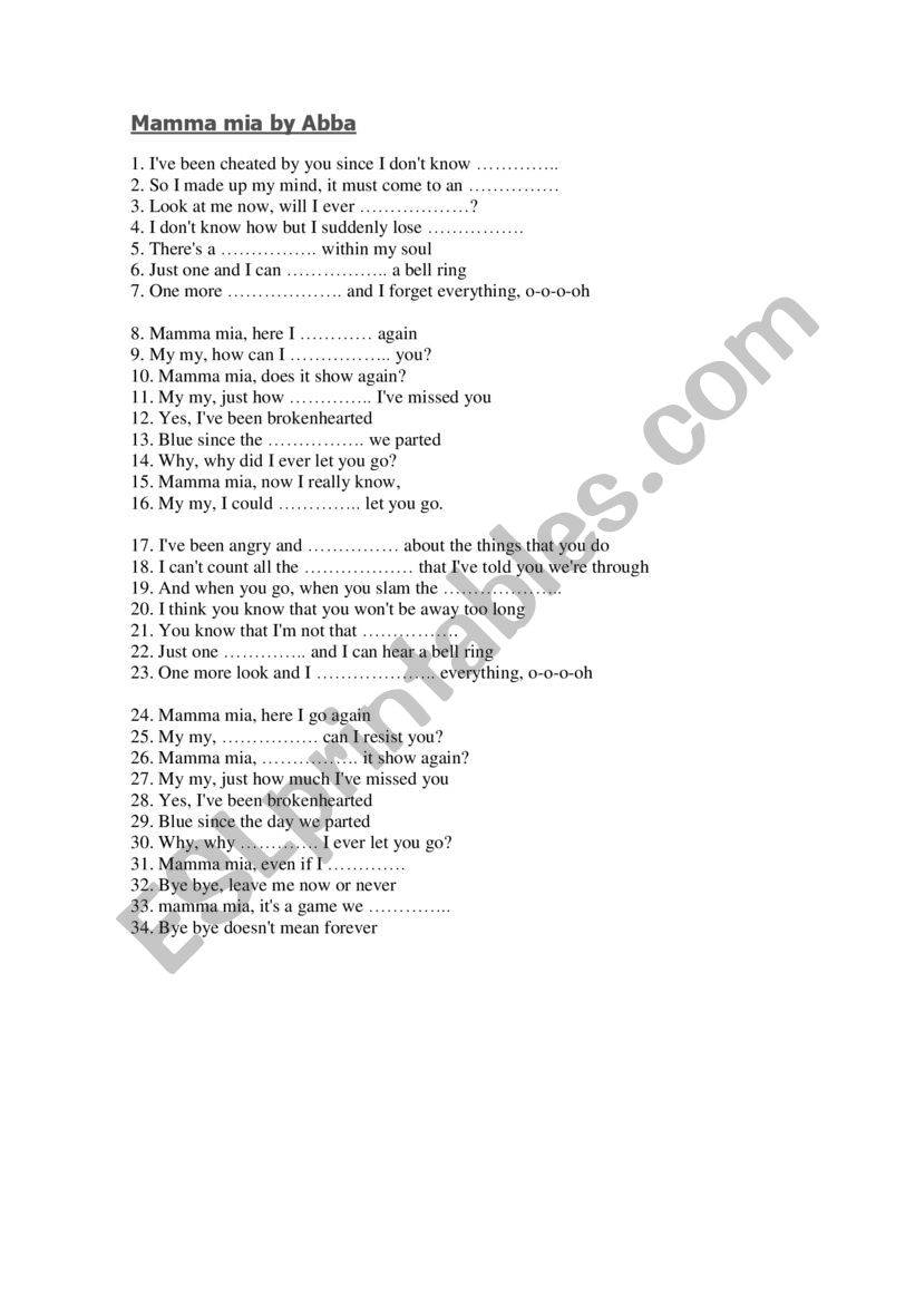 Mamma Mia ABBA worksheet
