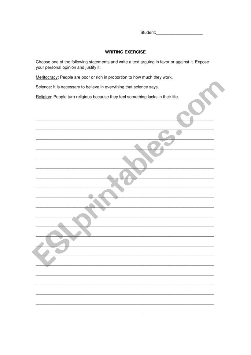 Writing exercise worksheet