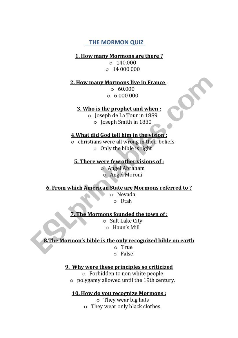 THE MORMON QUIZ worksheet