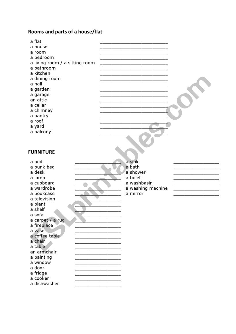 Parts of house and furniture vocabulary