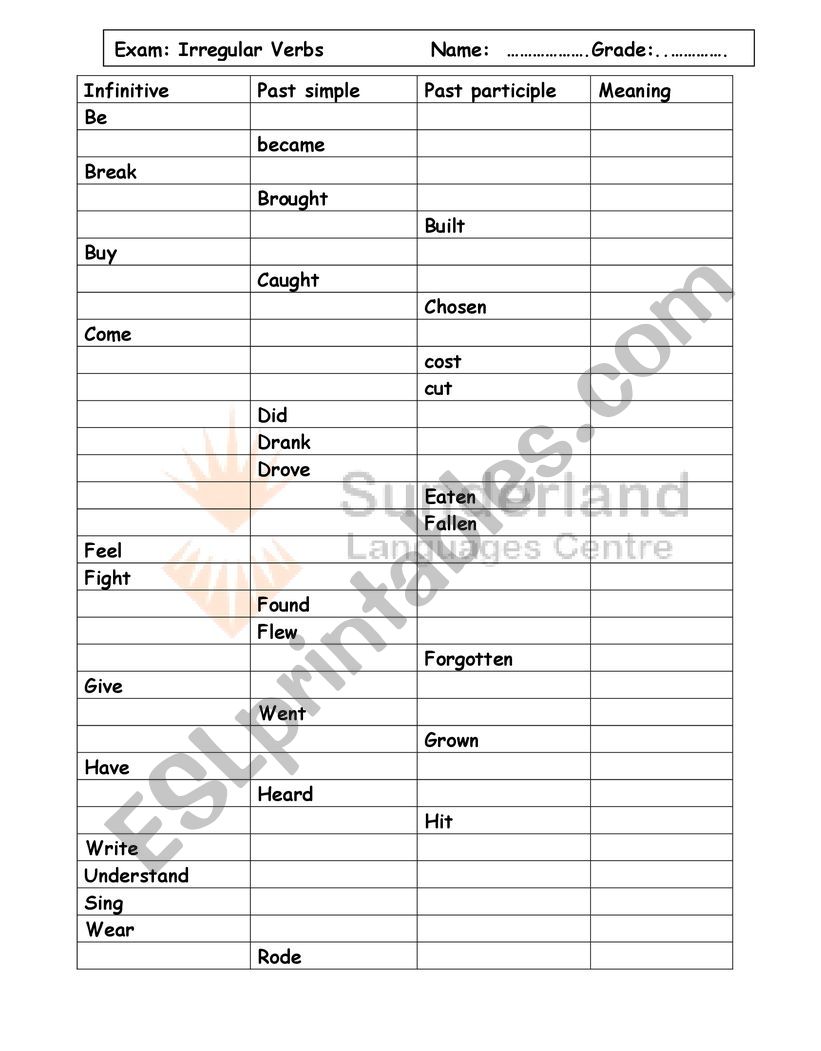 irregular verbs  worksheet