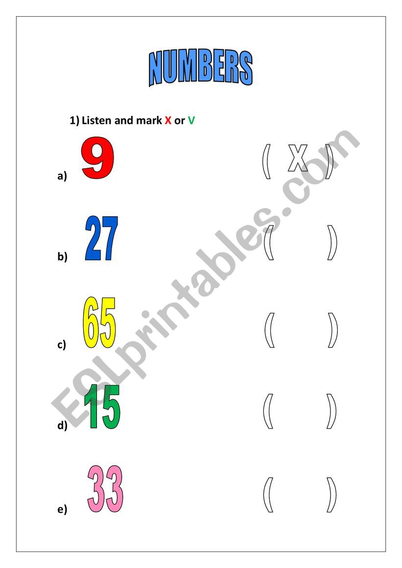 Activities for practising with Numbers