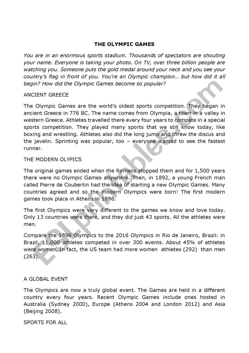 Reading comprehension test THE OLYMPIC GAMES