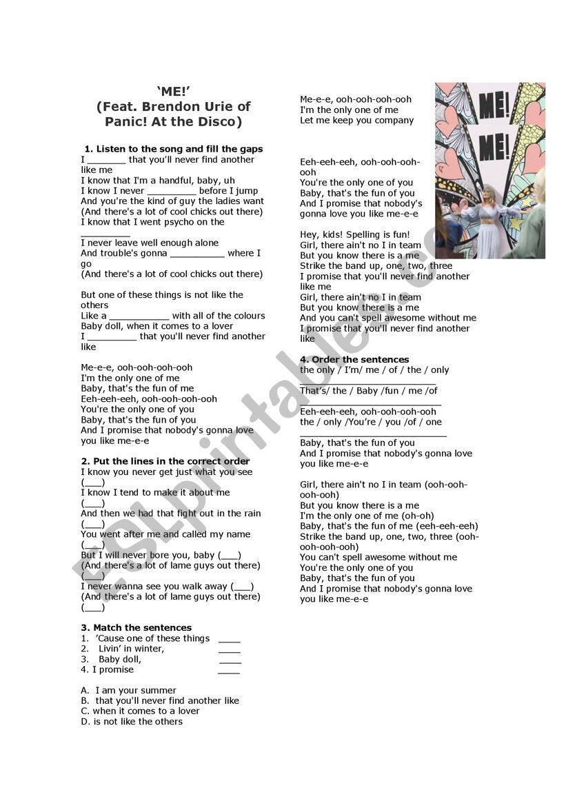 Me! by Taylor Swift worksheet