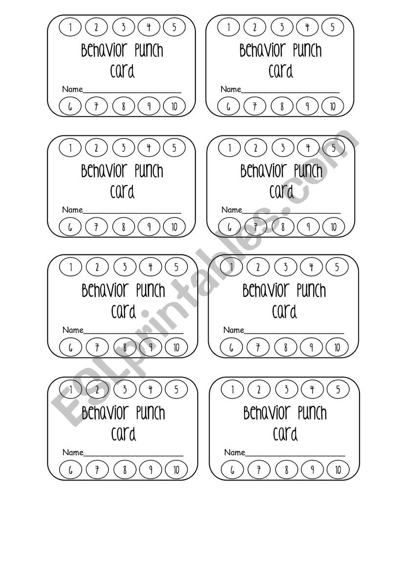 Behaviour punching cards worksheet