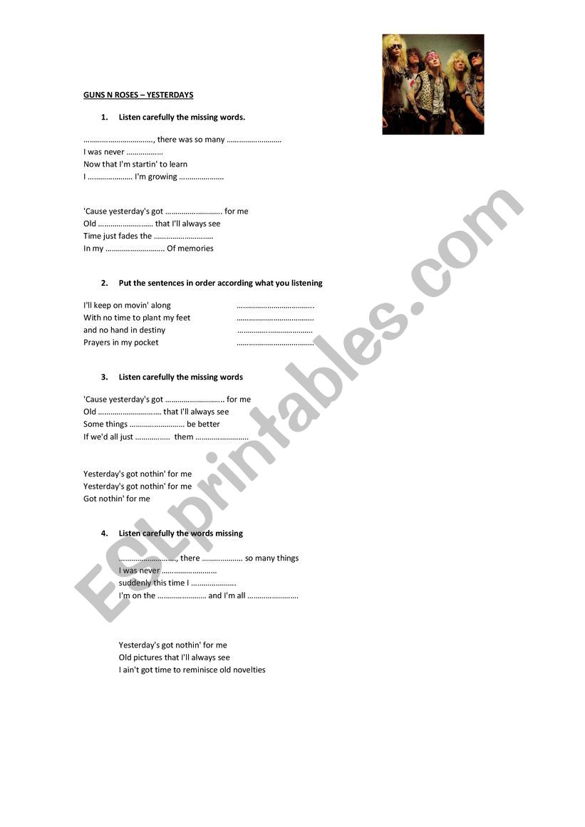 Yesterdays Song  worksheet