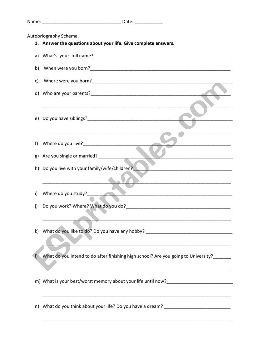 Autobiography Scheme worksheet