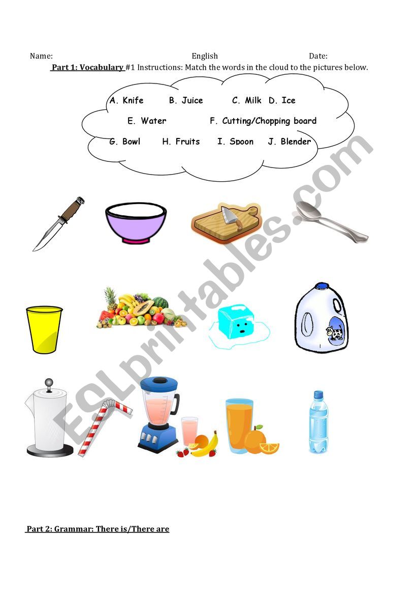 Food and utensils vocabulary worksheet