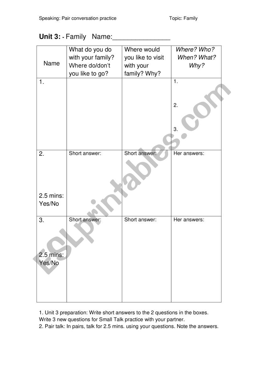 Family conversation practice worksheet