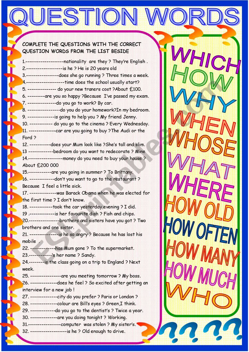 Question words with key worksheet
