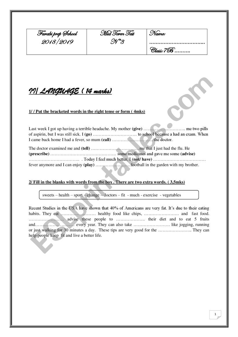 Mid term test n3 7th form worksheet