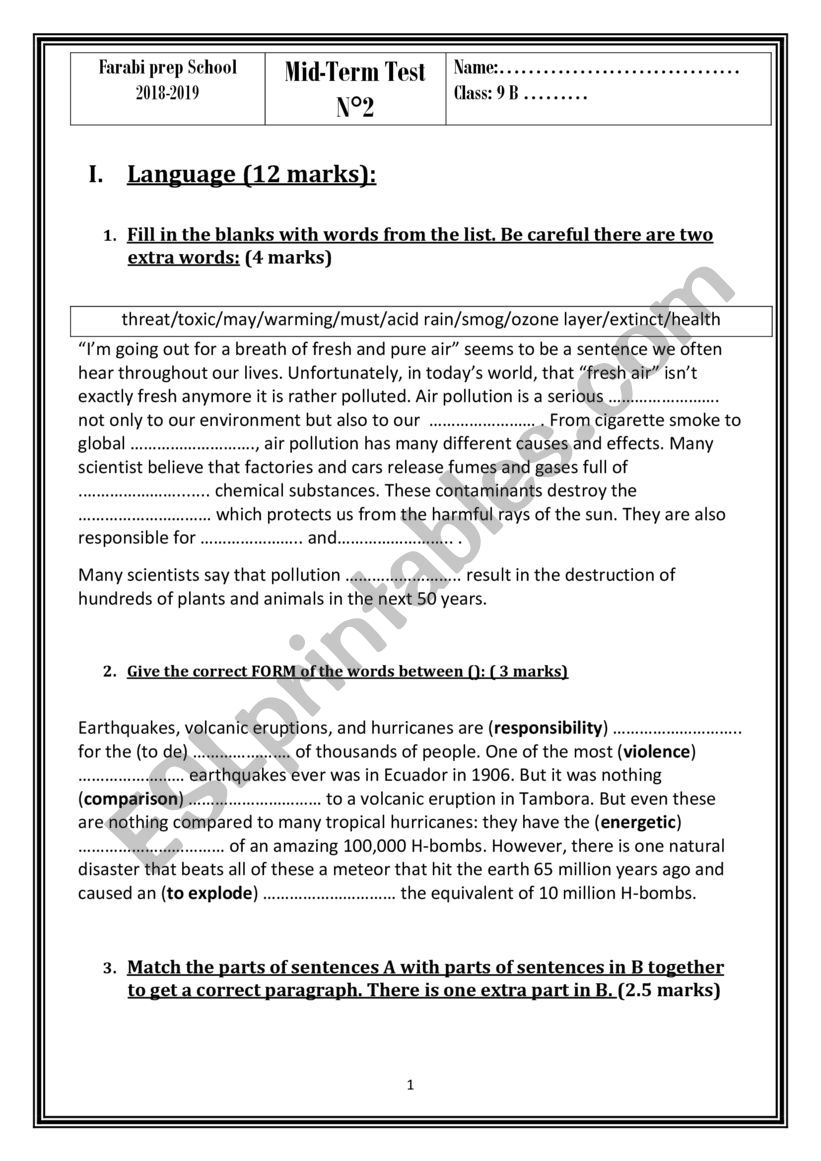 Mid term test n2 9th form worksheet