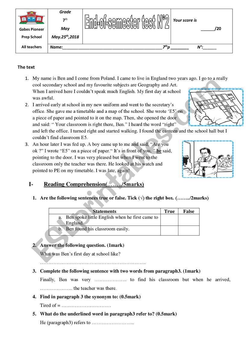 End of term test 3 7th from worksheet