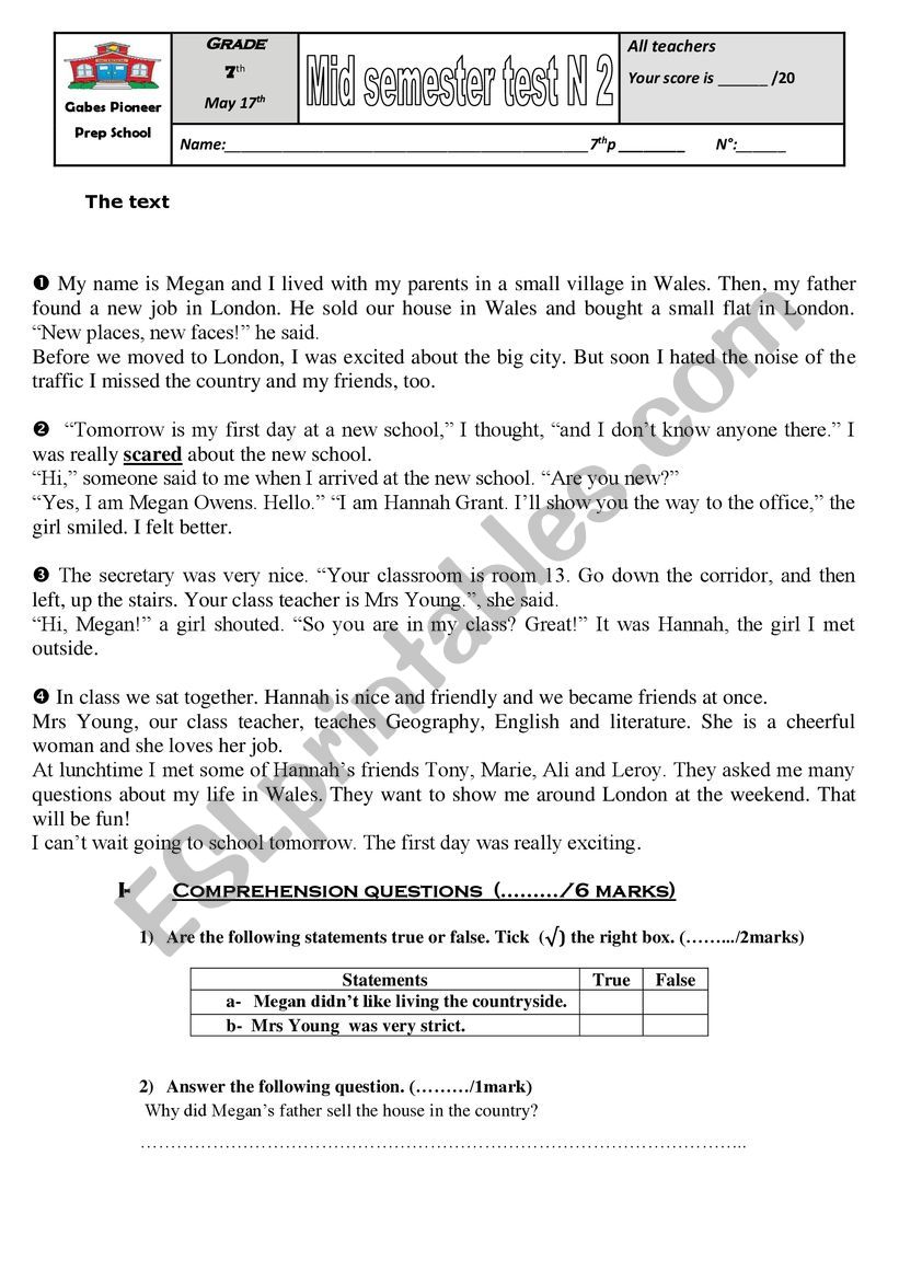 End of term test 3 7th from worksheet