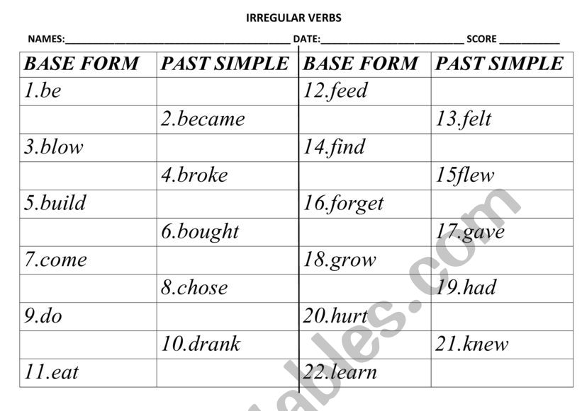 test irregualr verbs worksheet