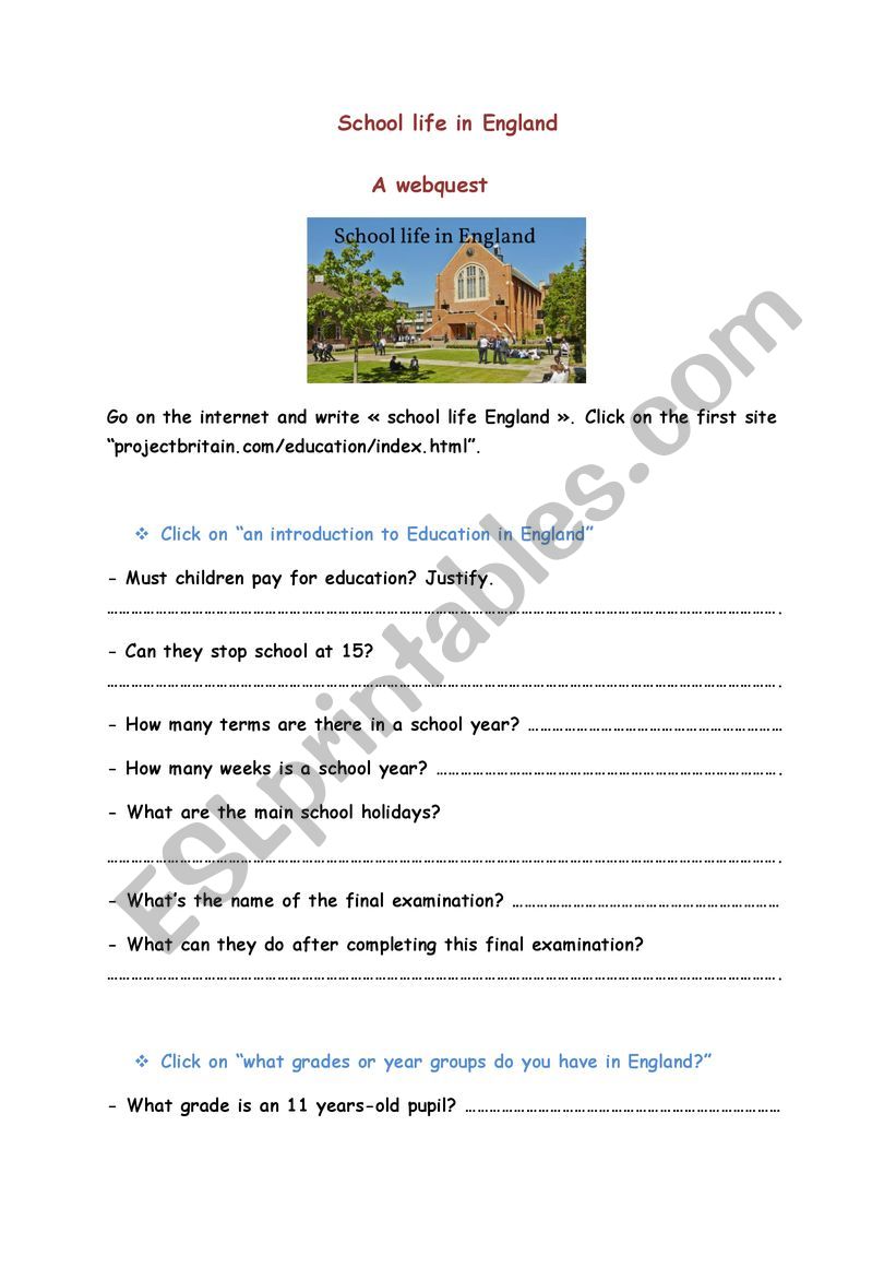 School life in England worksheet