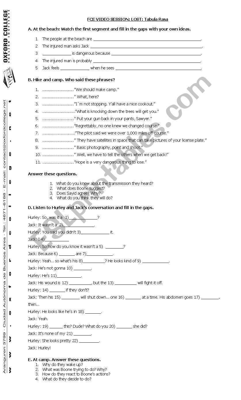 Lost  TV series  worksheet