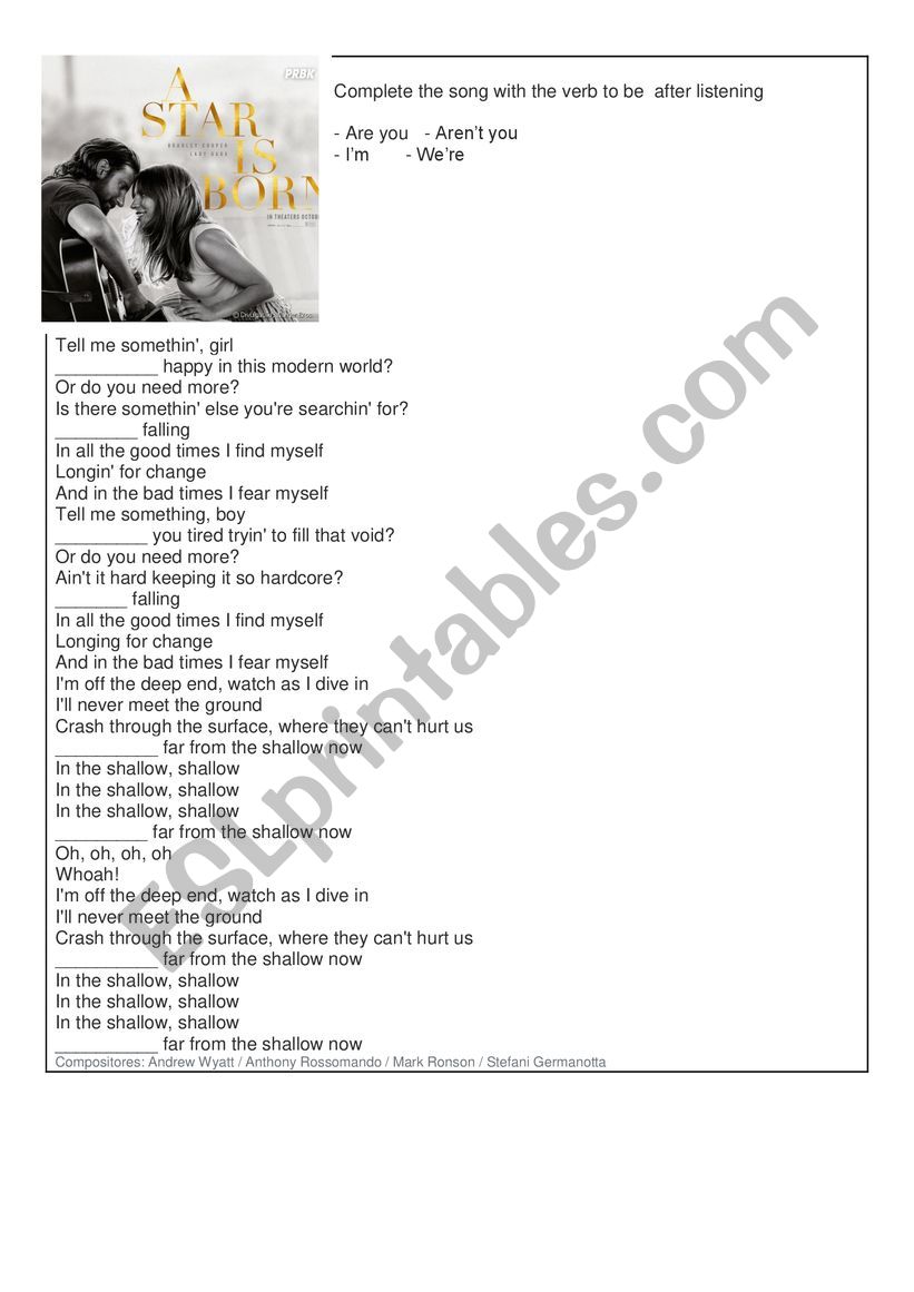  SONG WORKSHEET SHALLOW FROM A STAR IS BORN