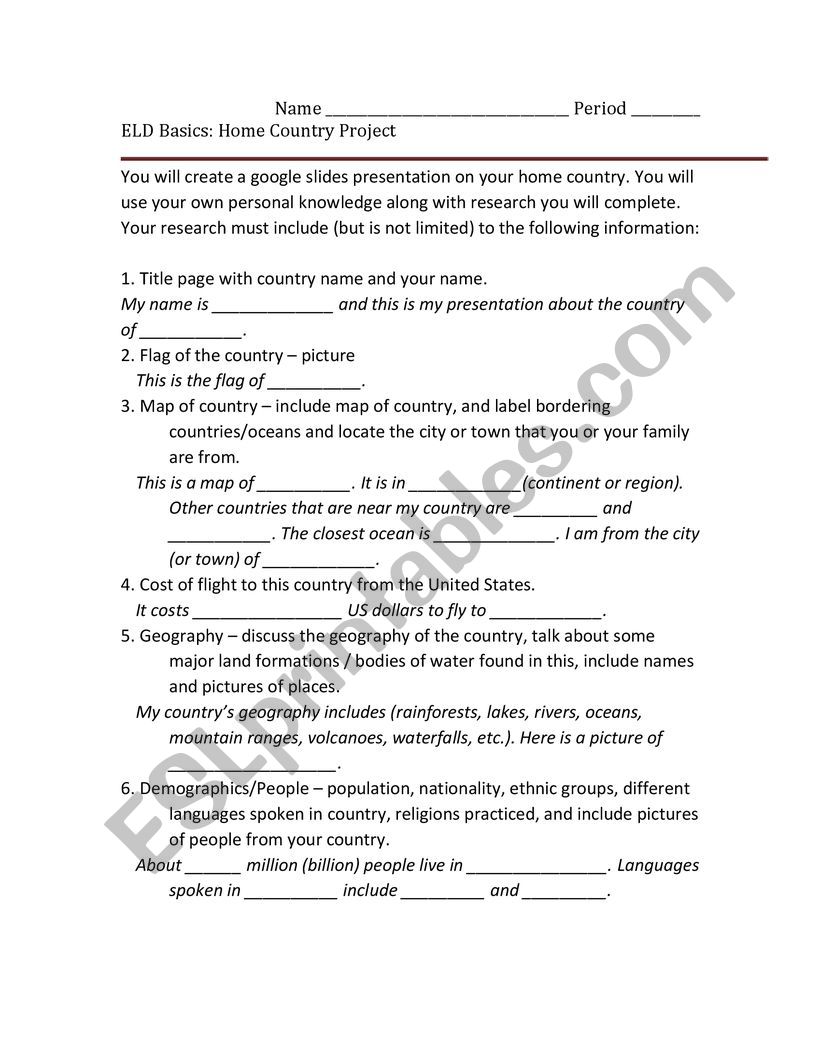 ELD Home Country Presentation worksheet