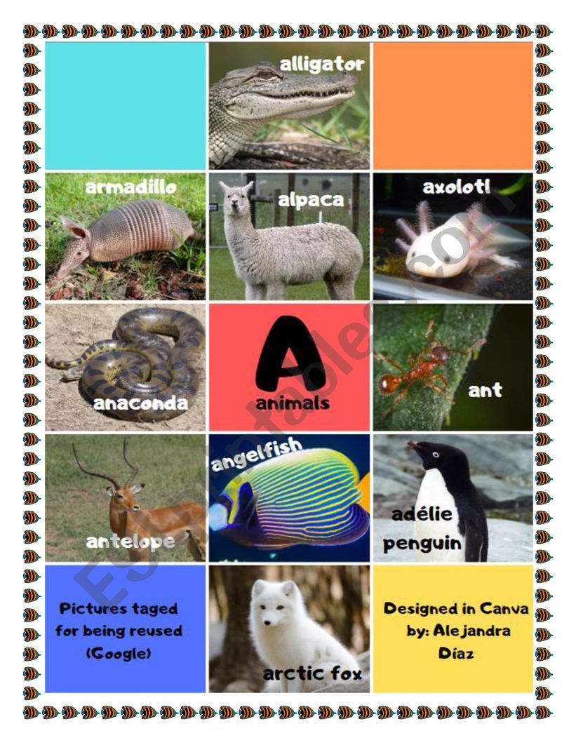 Animals starting with A - ESL worksheet by mdiazpul