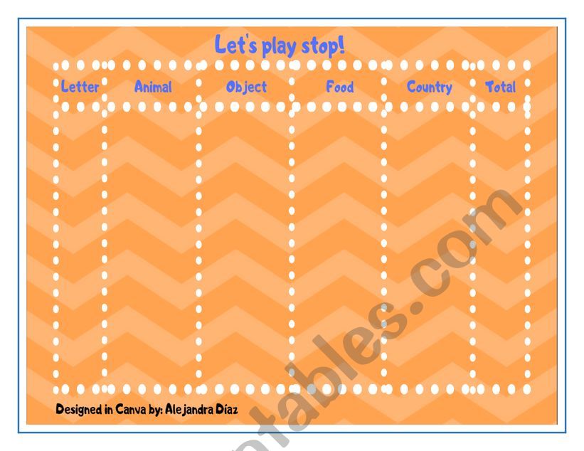 Lets play stop worksheet