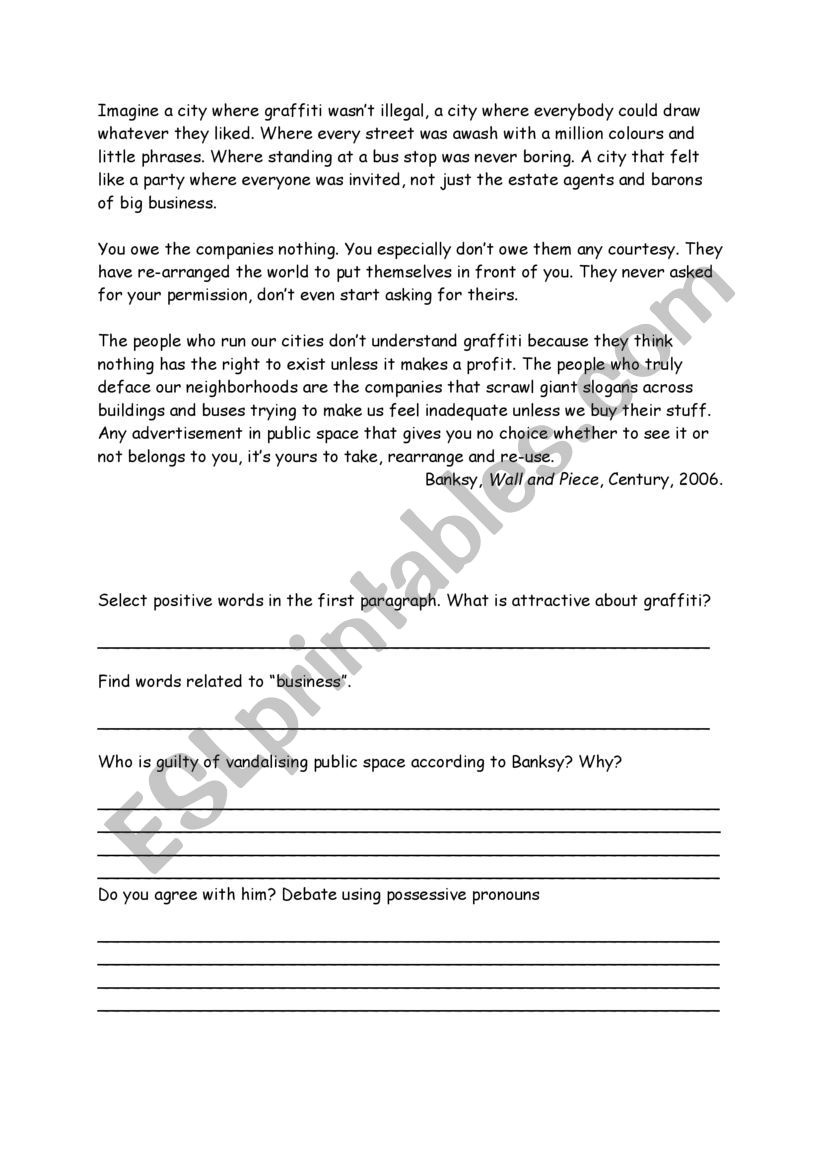 Modern art. Banksy worksheet