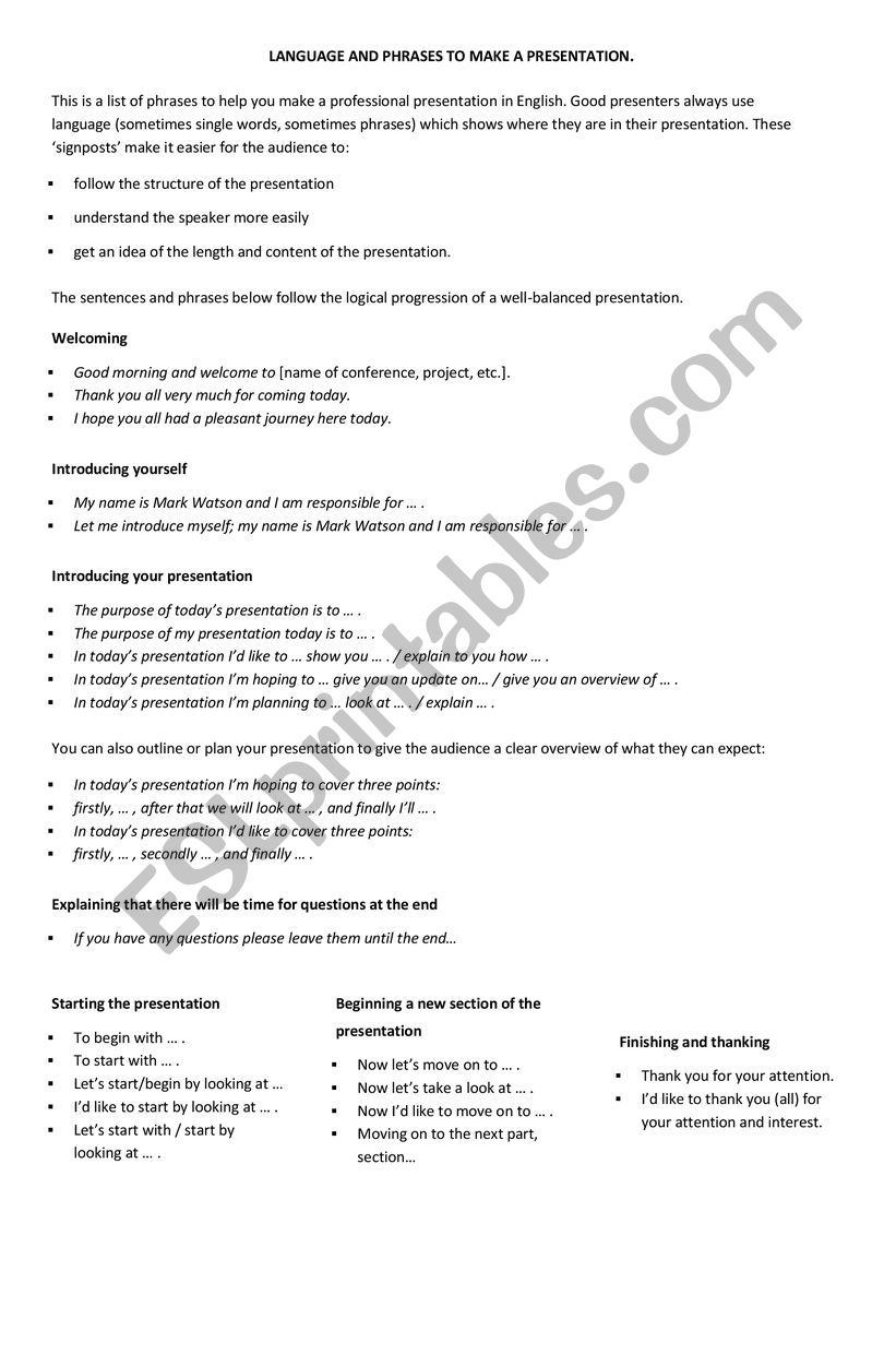 TIPS FOR ORAL PRESENTATIONS worksheet