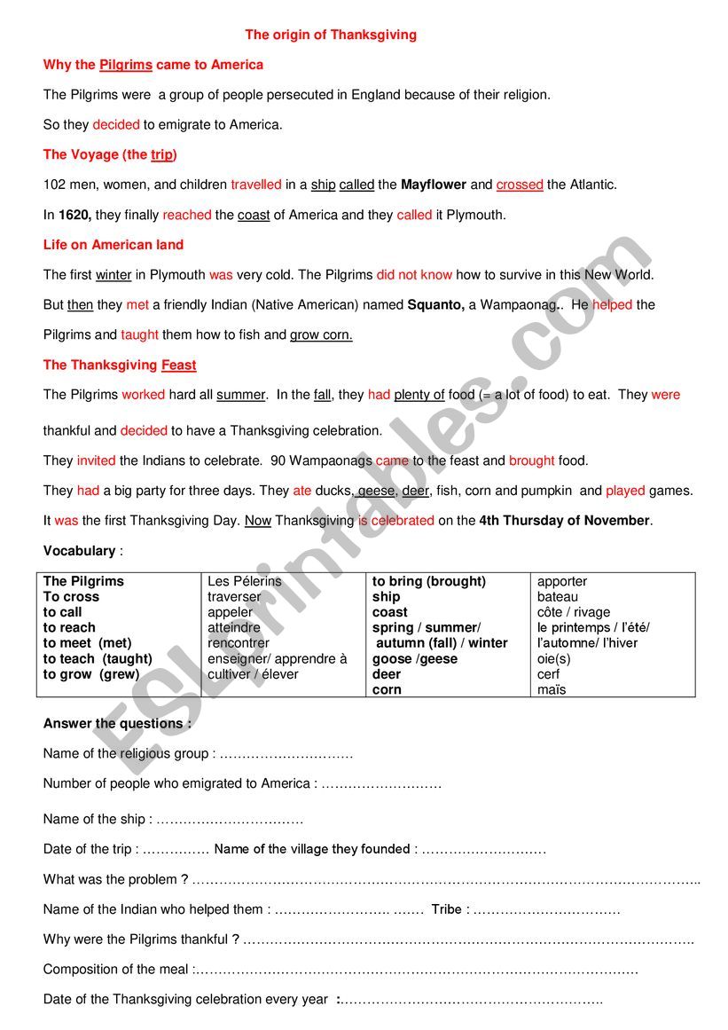 origins of Thanksgiving worksheet