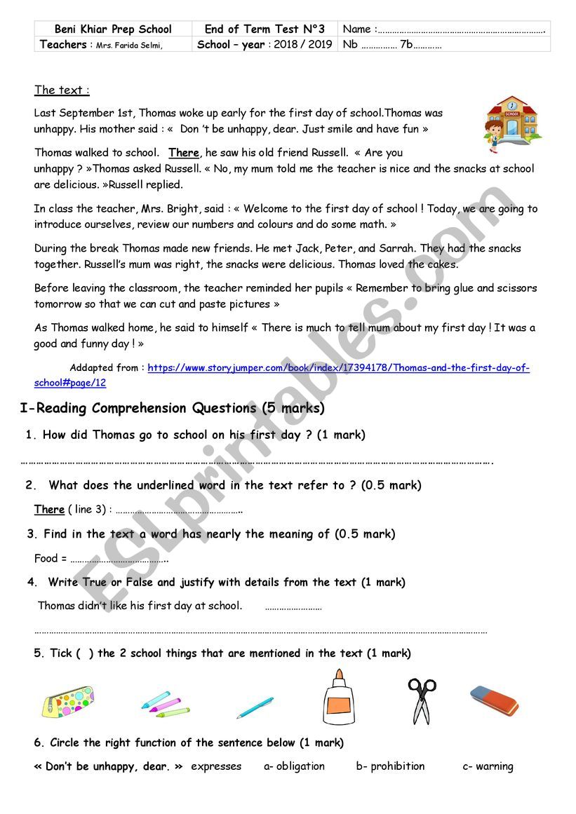 7th form end of term test  worksheet