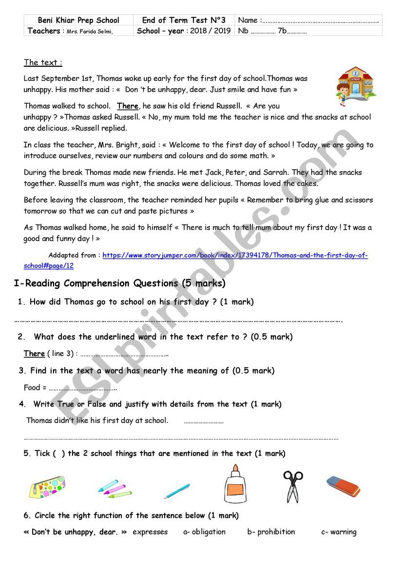 7th form end of term test  worksheet