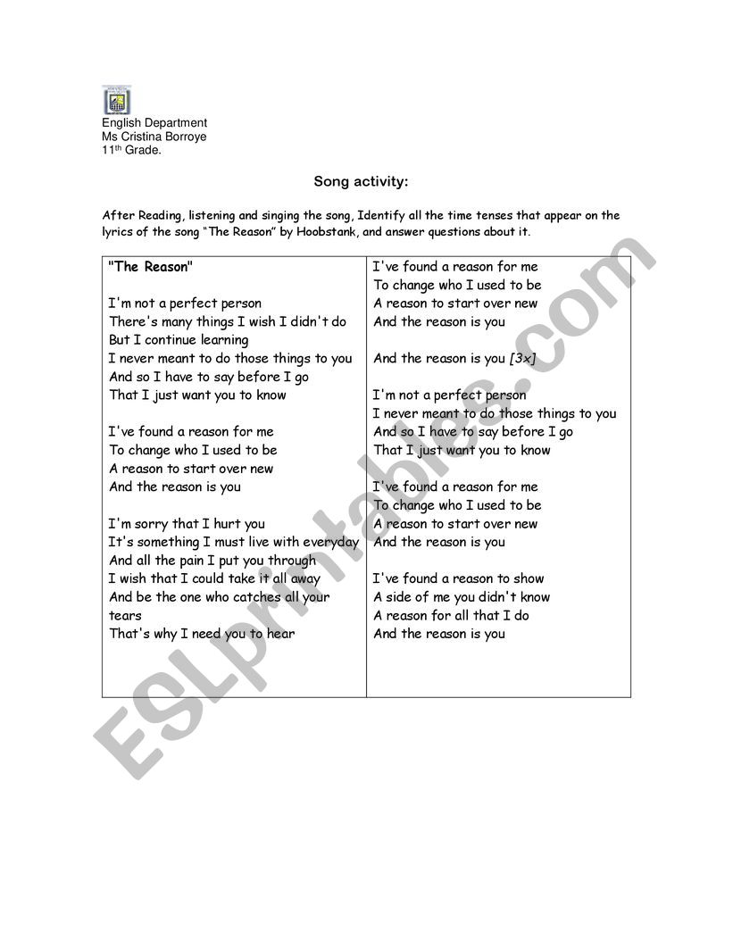 SONG:THE REASON worksheet