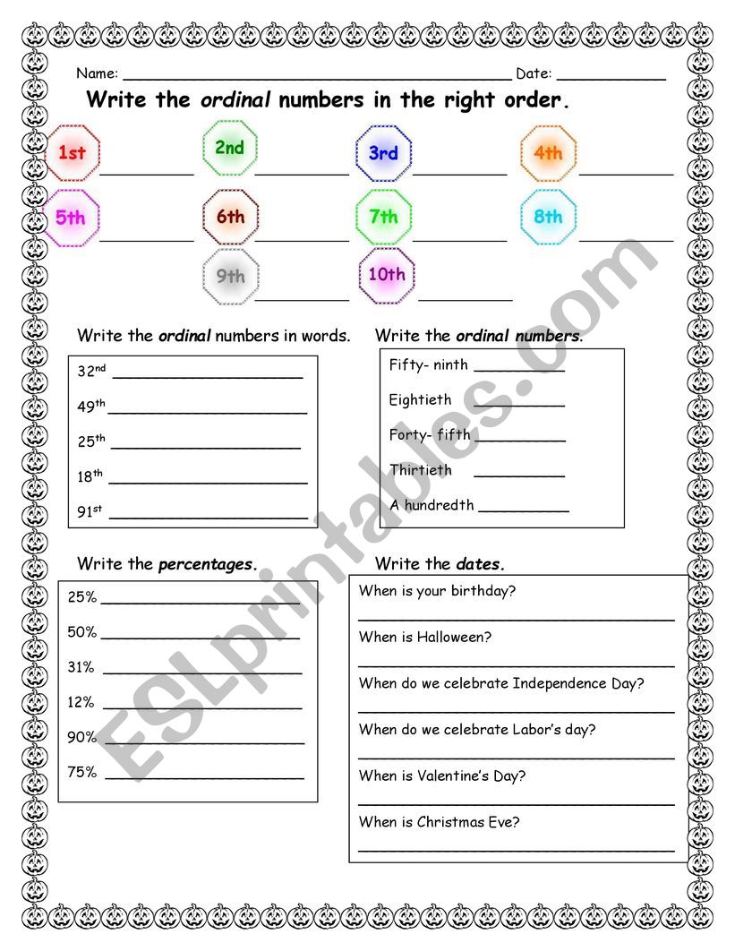 Ordinal Numbers Quiz worksheet