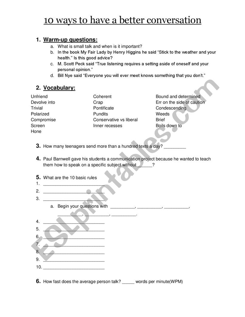 10 Ways To Have A Better Conversaiton Esl Worksheet By Justicia11