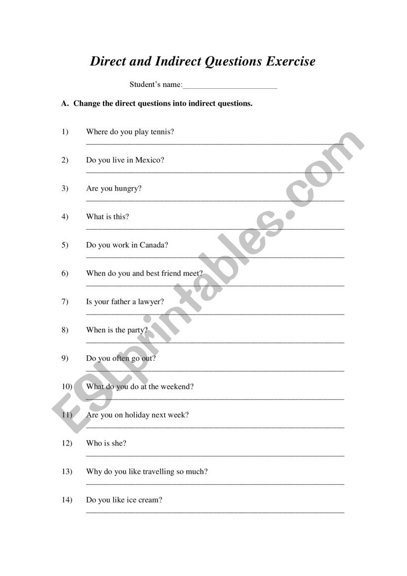 Direct and Indirect Questions Exercise