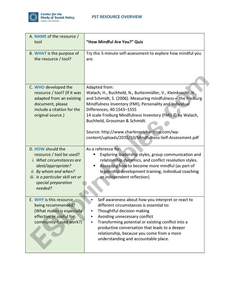 How mindful are you worksheet