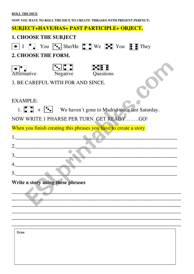 roll the dice present perfect worksheet