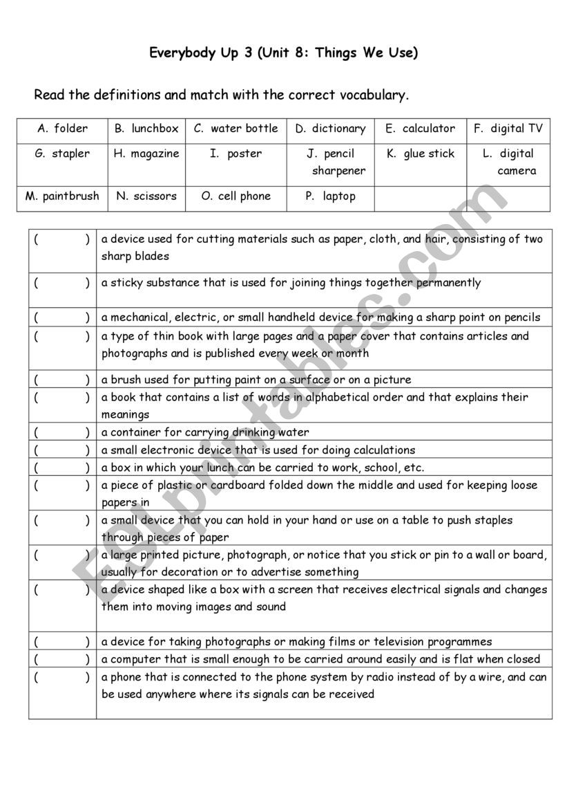 Things We Use worksheet