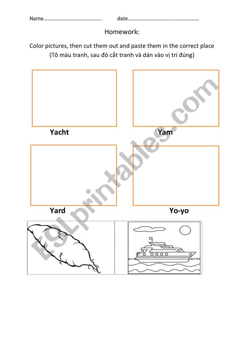 words with letter Y worksheet