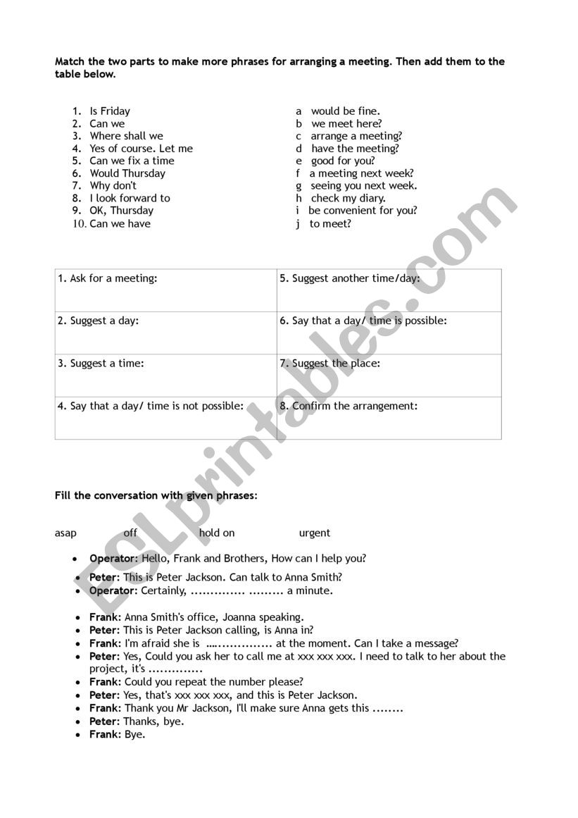 Telephone conversations worksheet