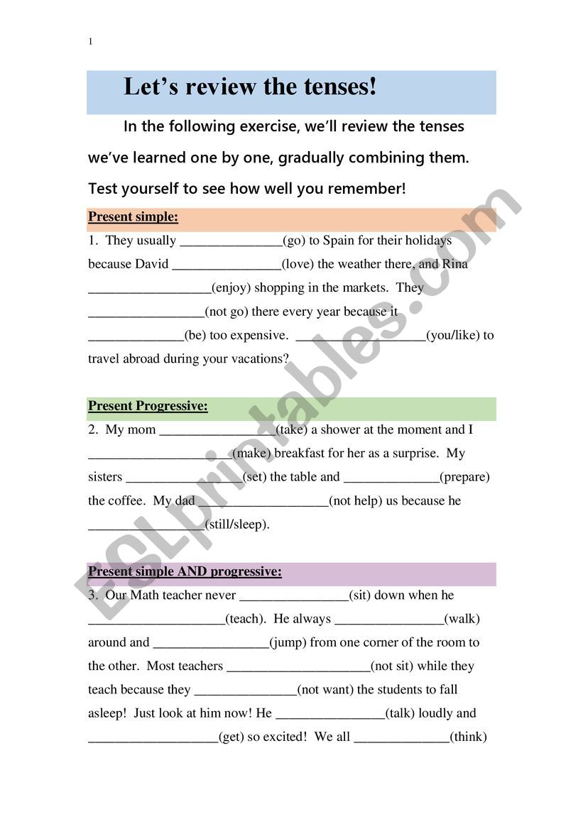 Lets review the tenses worksheet