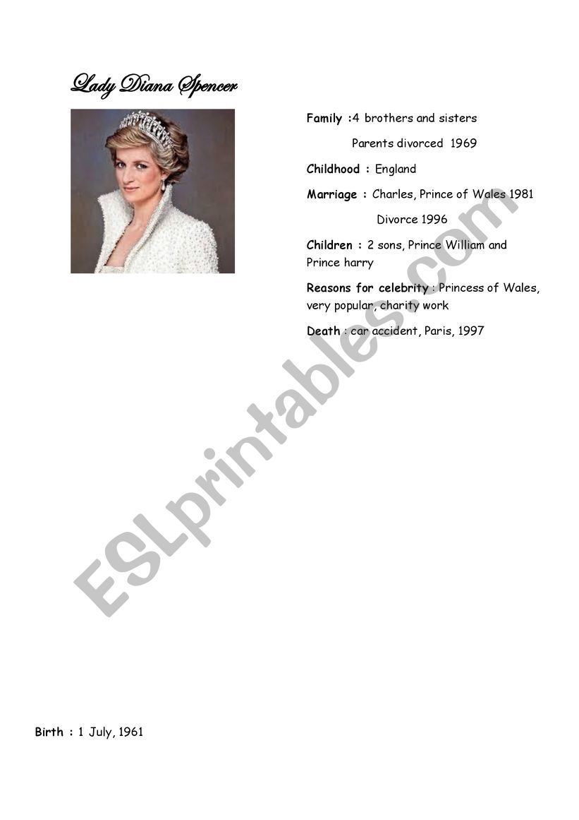 Card Lady Diana Spencer worksheet